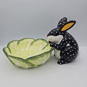 Vintage Dept 56 Ceramic Bunny‎ Rabbit Black Polka Dot Cabbage Treat Bowl